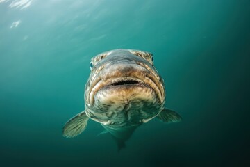 Sturgeon glides beneath the surface Close up of its head
