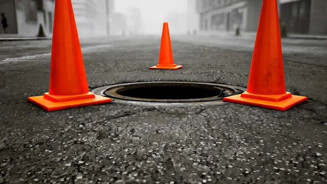 Orange traffic cones surrounding open manhole on cracked asphalt city street in foggy weather

