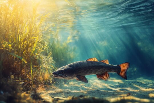 Sturgeon swims in natural waters