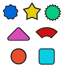 A set of embroidered clothing patches in the shape of various geometric figures, neatly arranged on a white background in bright colors: blue, yellow, green, pink, red, orange, and light blue.