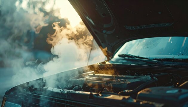 Close-up of overheated car engine with rising steam at sunset