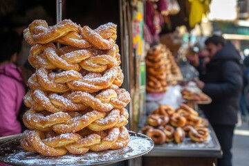 Sugar coated twisted doughnuts for sale on the street