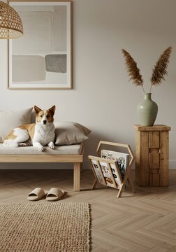 Cozy Living Room with Dog Relaxing on Daybed