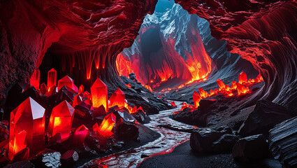 Large cave with red crystals all around