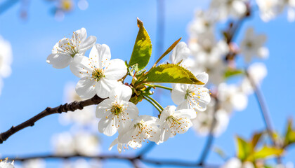 Close-up of cherry blossom branches swaying in the wind, blue sky background, spring renewal