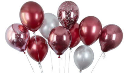Silver and red balloons with a metallic sheen isolated on a white background