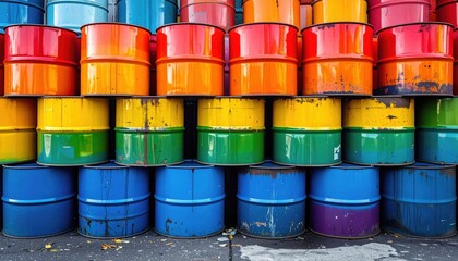 Colorful industrial barrels arranged in rainbow stacked display