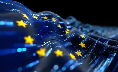 European Union flag rendered as a digital wave with glowing yellow stars on a blue surface symbolizing technology and unity.
