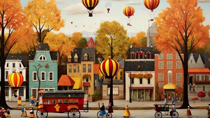 A peaceful small town during Thanksgiving with colorful buildings, golden autumn trees, hot air balloons, and people enjoying the festive atmosphere on a crisp day - Powered by Adobe