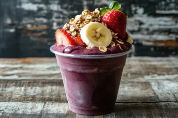 Tasty acai cream in a plastic cup topped with strawberries bananas and granola on a wooden background Summer smoothie