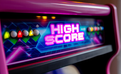 Close-up of an arcade game screen displaying a high score in a colorful, neon-lit gaming center.
