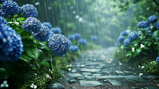 Enchanting Hydrangea Garden Path during a Gentle Rain Shower Scene