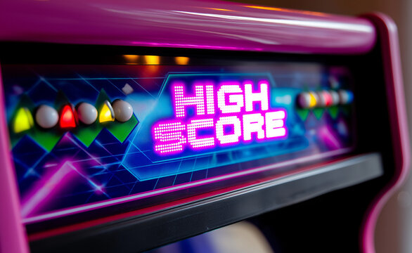 Close-up of an arcade game screen displaying a high score in a colorful, neon-lit gaming center.
