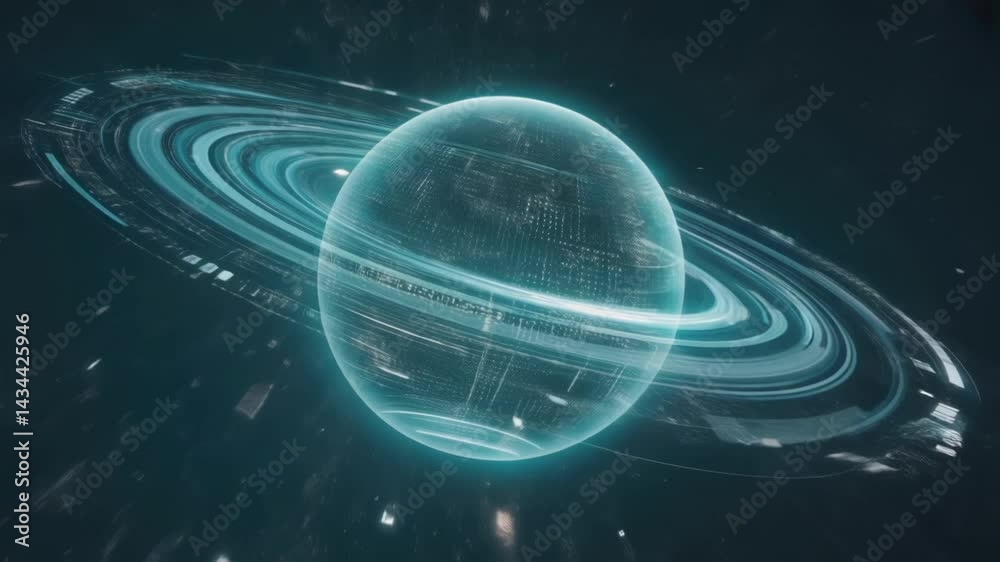Poster complex digital sphere resembling a planet rotates in dark space, surrounded by glowing rings and st