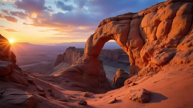  Natural stone arch formation at sunset in desert landscape with orange hues, photographed with telephoto lens. Concepts: geology, erosion, nature wonder, desert, travel, sunset, wilderness.