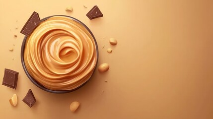 Delicious creamy peanut butter swirl in a bowl with chocolate pieces and peanuts.