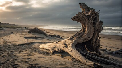 Golden Hour Driftwood Coastal Scene with Moody Sky, beach, coast