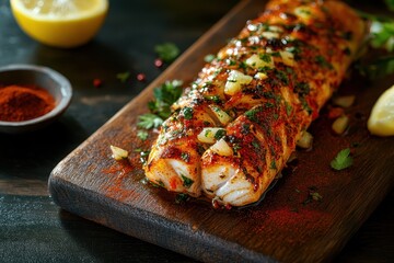 Tasty mackerel fillet with paprika garlic and lemon on a dark board surrounded by spices Various angles and space for text