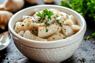 Tasty pickled herring in a white bowl a healthy fat option