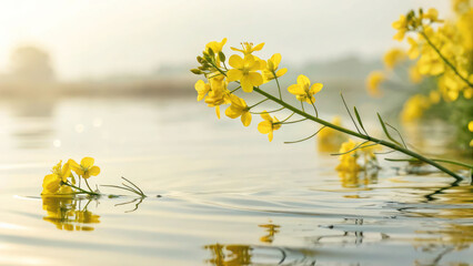 Golden canola flowers floating on milky water surface. Gentle wellness imagery with space for advertising copy.