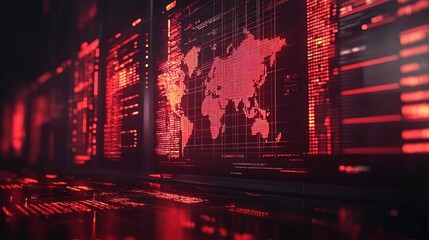 Red world map, data center servers display