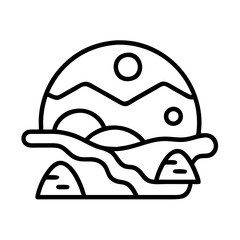 Outline landscape illustration of mountains, hills, moon, and river for graphic design art