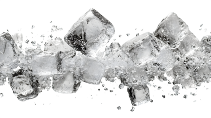 Falling transparent ice cubes captured in mid-air with glistening detail isolated on white background