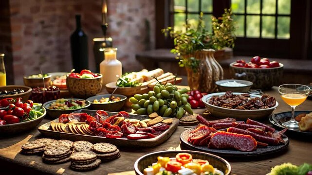 A rustic picada finger food spread featuring vibrant vegetables, meats, and cheeses in a cozy setting, perfect for gatherings and celebrations in a traditional atmosphere