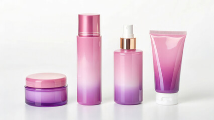 Gradient pink-to-purple lotion bottles and tubes. Dreamy and soft skincare set.