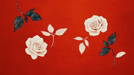 Minimalist white rose sketches intertwined with leaves, spaced artistically across a vibrant red canvas.