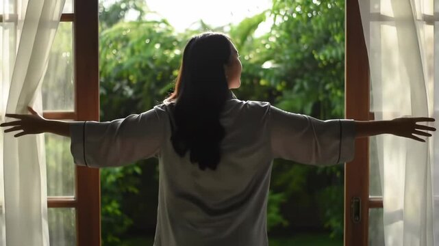 Young woman opening curtains in the morning, reveals sunny view, fresh start moment
