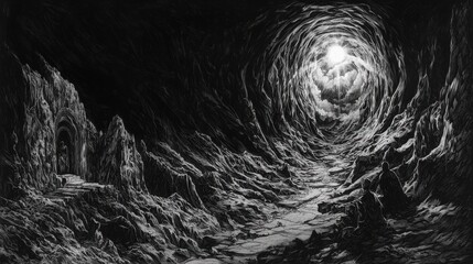 Bright light emerges from a dark cavern as figures explore the rocky landscape during an unknown time