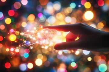 A hand gently interacts with a glowing neural network, representing AI and connectivity.