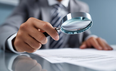 Businessman in a blue suit examining a tall stack of documents with a magnifying glass, symbolizing analysis or investigation.
