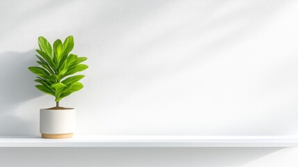 Fresh, vibrant plant on a white shelf against a white wall