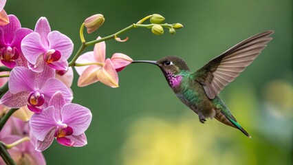 Fototapeta na wymiar Hummingbird on Orchids, closeup of a bird in mid-flight feeding on flowers, nature, birds