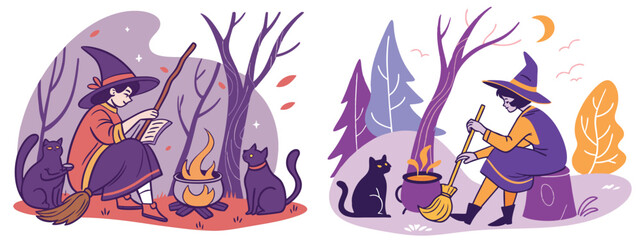 A whimsical witch sitting by a fire, hat tipped back, broomstick stuck in the ground, telling a story to two enchanted cats, potion bottles glowing with eerie light