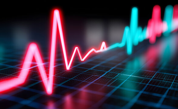 Glowing red heart rate line on a digital monitor with a heart symbol integrated into the waveform.
