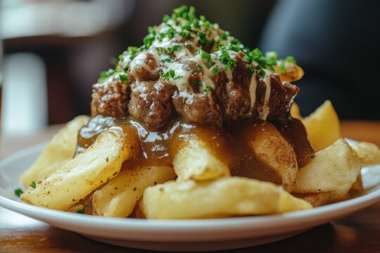 Traditional Scottish snack of hand cut fries with haggis and gravy served in a historic Edinburgh pub