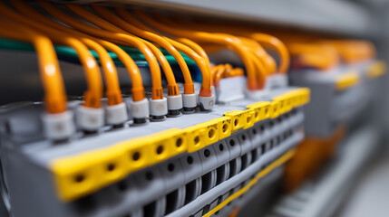 Close-up of an electrical control panel with neatly organized yellow wires connected to terminal blocks.
