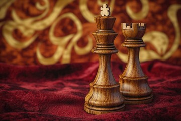 Close-up of king and queen chess pieces on a rich red fabric background, exuding power and strategy.