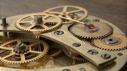 Macro of Antique Clockwork Gears with Oil Drip, mechanism, vintage