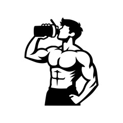 Muscular Man Drinking Protein Shake, Fitness Illustration