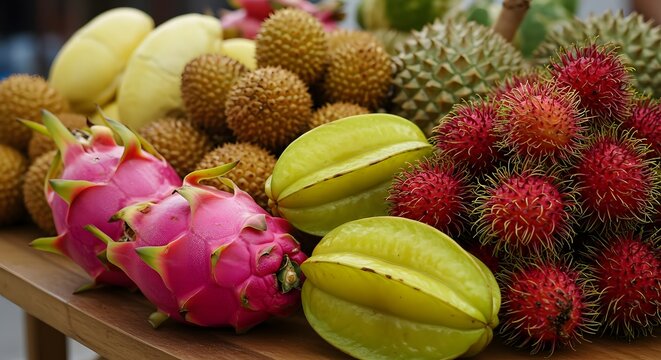 A colorful arrangement of fresh, exotic fruits including dragon fruit and rambutan, on display. - Powered by Adobe