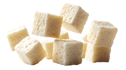 Floating paneer cubes, mid-air motion, food realism, isolated on white background