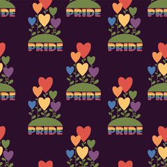 Seamless Pattern LGBT Rainbow Heart Flowers on dark  Background. Symbol of LGBTQ pride community. Trendy Holiday backdrop. Vector illustration
