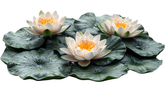 Floating lotus lily pad with blossoms on calm water, isolated on white background