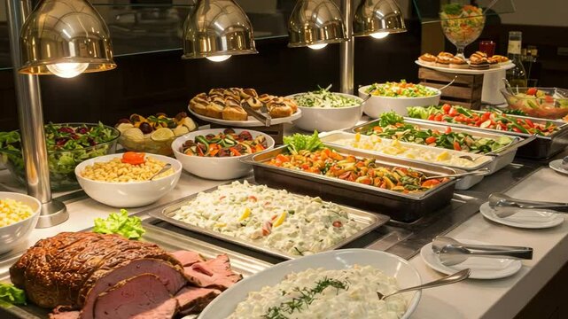 Hotel buffet with various hot and cold dishes
