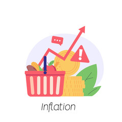 Consumer with shopping cart and grocery prices rising. Increase inflation. Concept of inflation, rising food cost, financial crisis. Vector illustration in flat cartoon design