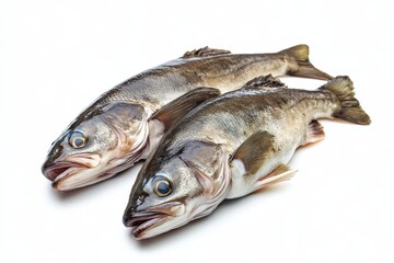 Two raw cod on white backdrop